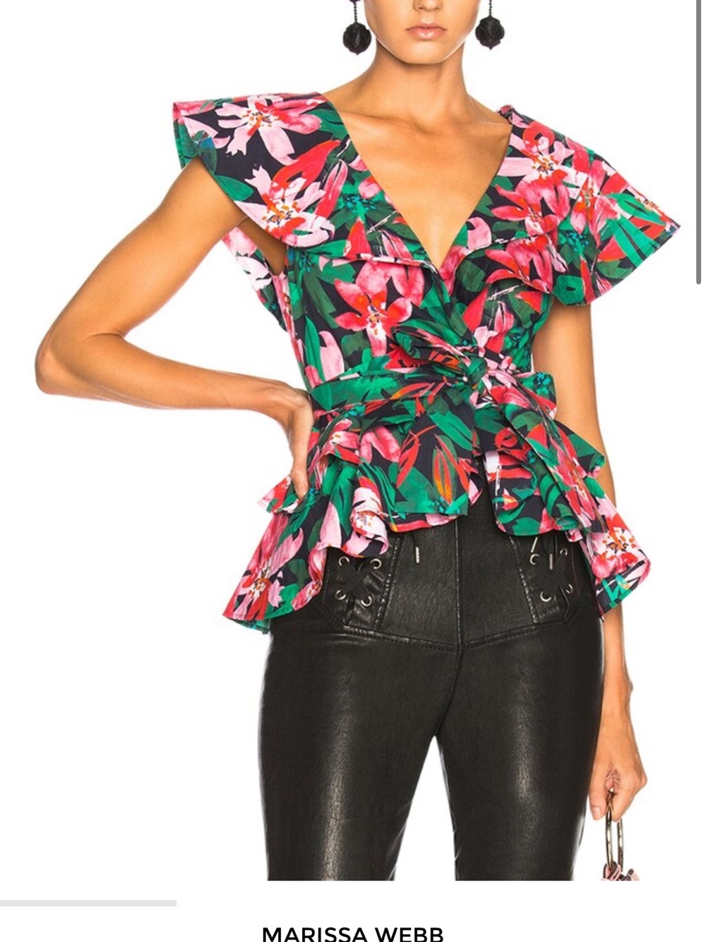 Marissa Webb Floral Peplum Wrap Top - Pink & Green